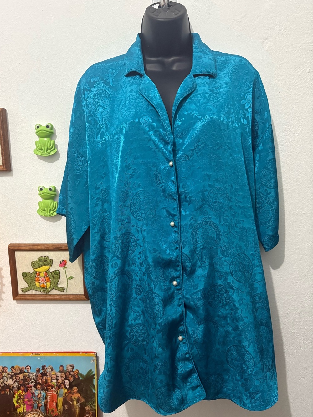 Vintage Gold Label Victoria's Secret Teal Jacquard Satin Button Down Pajama Top